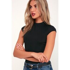 NWT Lulus Basics Sleek Style Black Funnel Neck Bodysuit - Size M